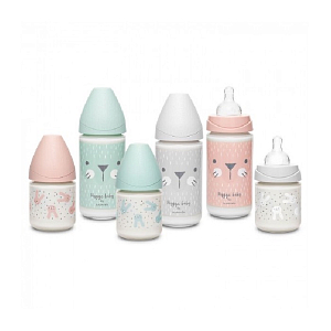 Бутылка Suavinex "Серый зайка с крапинками", с круглой силиконовой соской, стекло, 240 мл